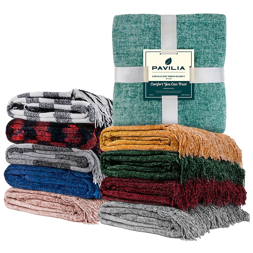 PAVILIA Blue Chenille Throw Blanket for Couch, Soft Blue Knit Blanket with Tassel Fringe, Woven Chenille Knitted Decorative Blanket for Sofa Bed Living Room, Decor Gift, 50x60