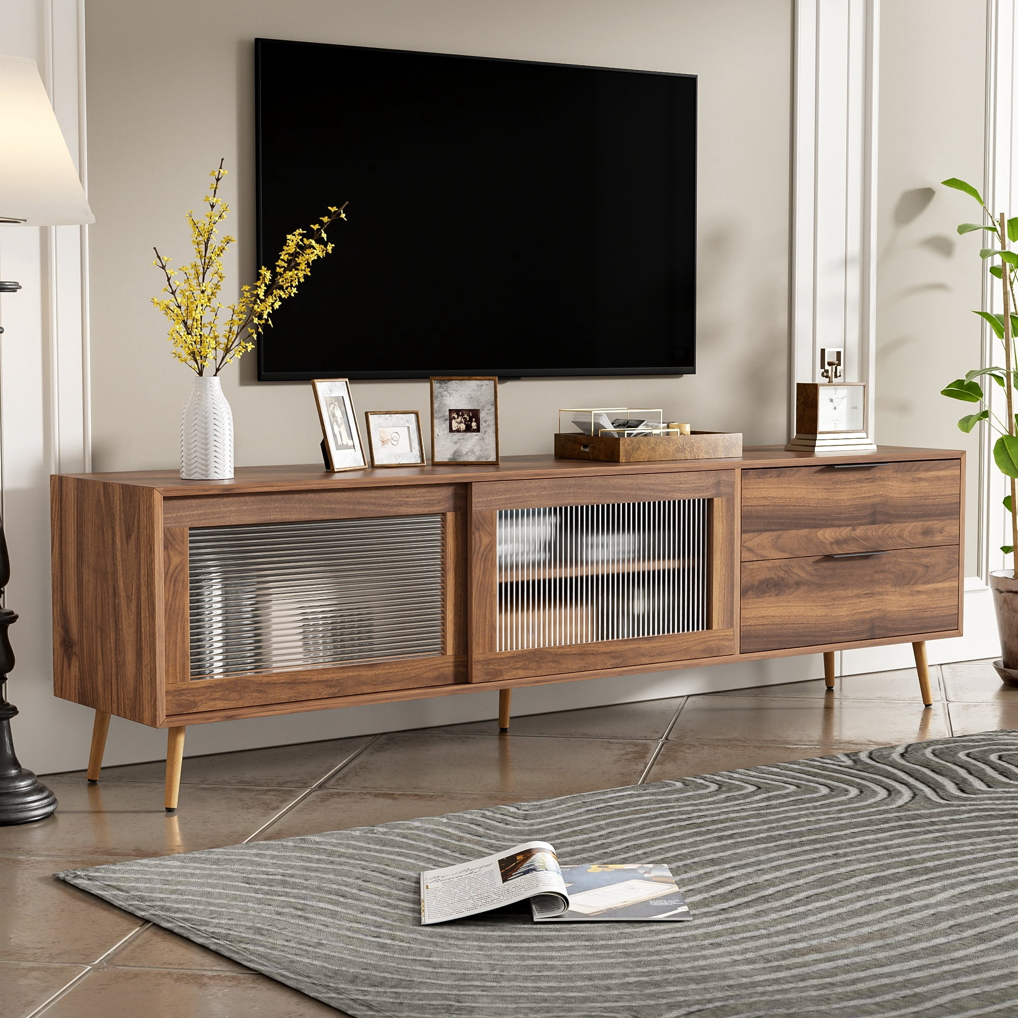 Paproos TV Stand for 75"-80" TV, Modern Entertainment Center with 2 Drawers & Storage Cabinet, 70” Television Stand with 2 Glass Doors, TV Console Table for Living Room, Bedroom, Walnut