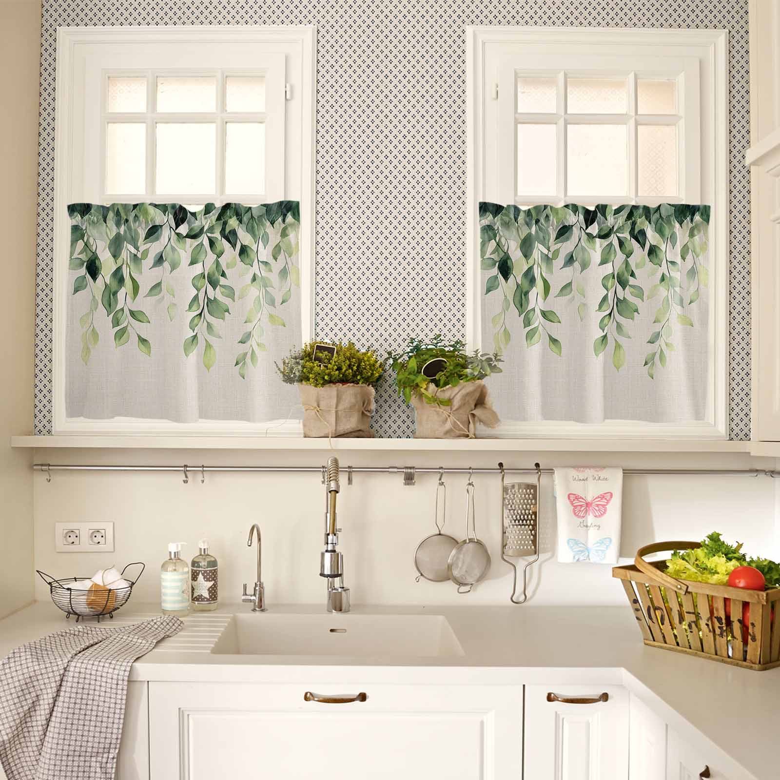 Rustic Leaf Kitchen Curtains Valances and Tiers Set of 3 Watercolor Sage Green Eucalyptus Leaves Linen Texture Tier Curtains and Valance for Kitchen Bathroom Small Windows 27.5"W x 36"L (Pack of 3)