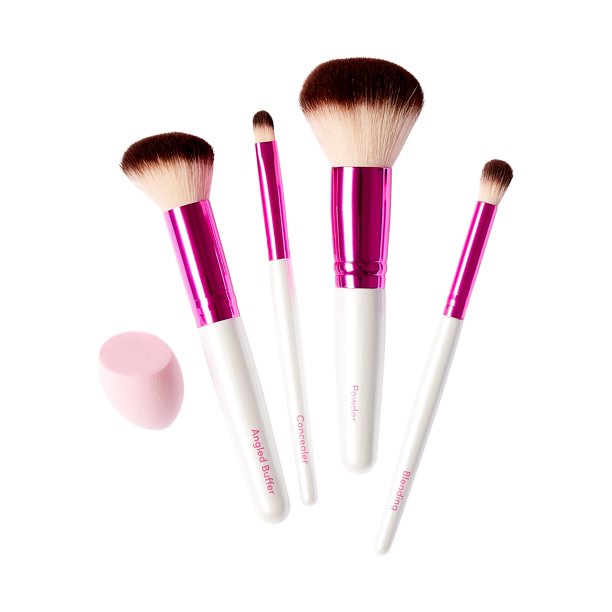 Ruby Kisses Juego de brochas de maquillaje de tamaño de viaje para el cutis, polvo en ángulo, corrector de mezcla, cepillo y esponja de mezcla, apto para viajes, juego de 5 piezas