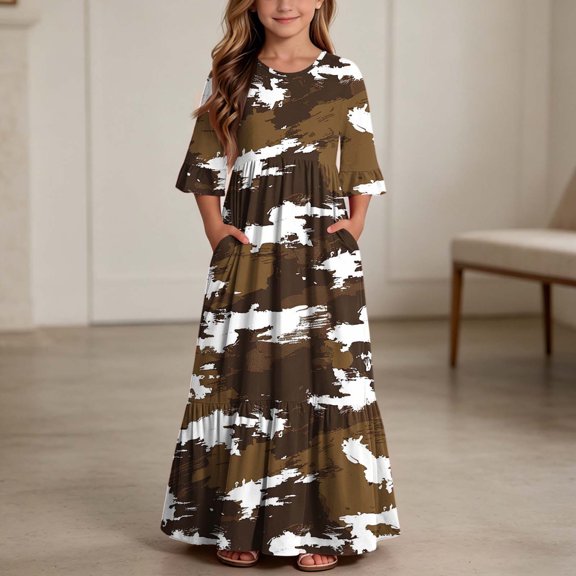 Little Girls Maxi Dress 4-14 Years Ruffle Half Sleeve Round Neck Floral Print Tiered Long Dress with Side Pockets Brown F 5-6 Years