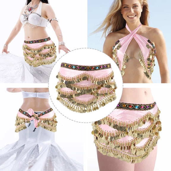 LEORX Pink Women's Hip Scarf Belly Dance Skirt Synthetic Material Lightweight Decorative Coins for Practice 1 Pc