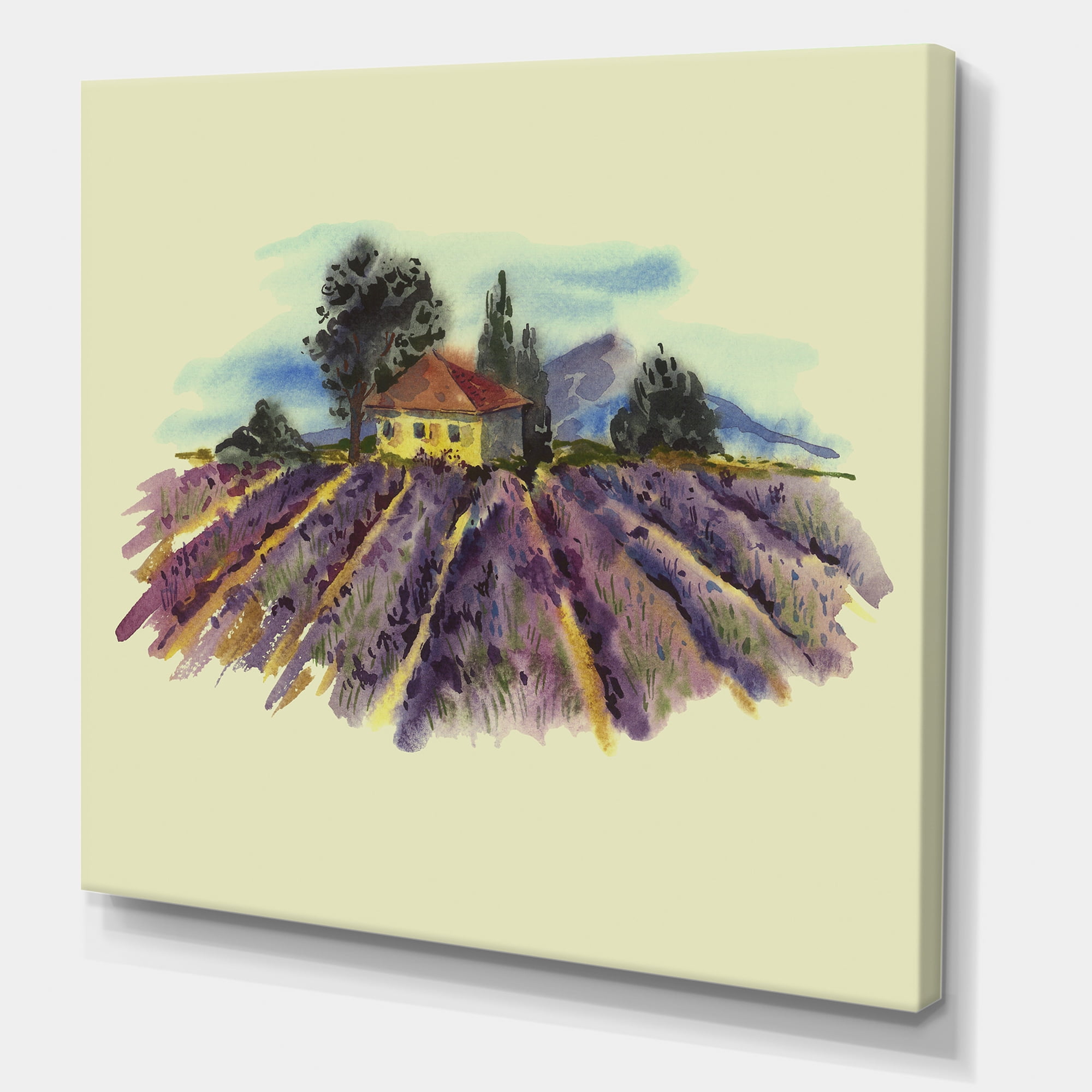 Designart ' Landscape With Blooming Lavender and Village House ' Traditional Canvas Wall Art Print