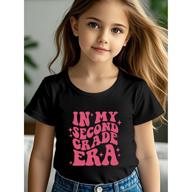 IN MY SECOND GRADE ERA Graphic Tee for Young Girls - Casual, Comfortable, Short-Sleeve Knit Top, Perfect for School & Outdoor Play, Ideal Summer Gift, School Playwear, Comfortable Fit, Girls T Sh