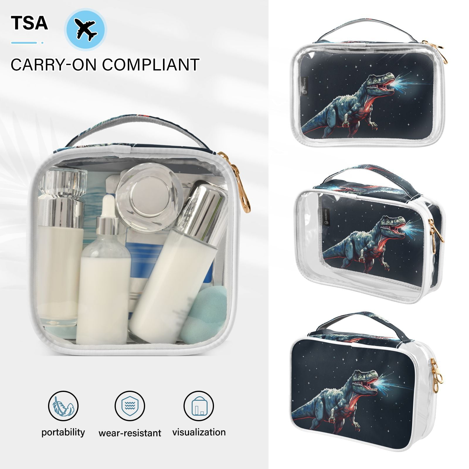 Clear Makeup Bags with Handle Large Opening 2 Pack Set Toiletry Bag Quart Size Bag, for Women Man Traveling Travel Essentials, Toiletries and Other. Dinosaur