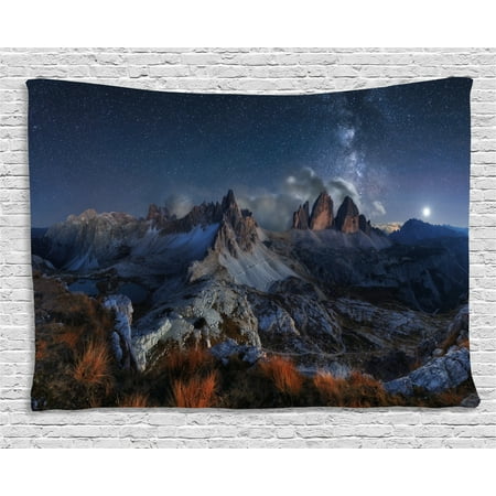 Night Tapestry, Dolomites Italy Alps Mountain Landscape with Starry Night Sky Milky Way, Wall Hanging for Bedroom Living Room Dorm Decor, 80W X 60L Inches, Dark Blue Redwood Tan, by (Best Way To Tan At Home)