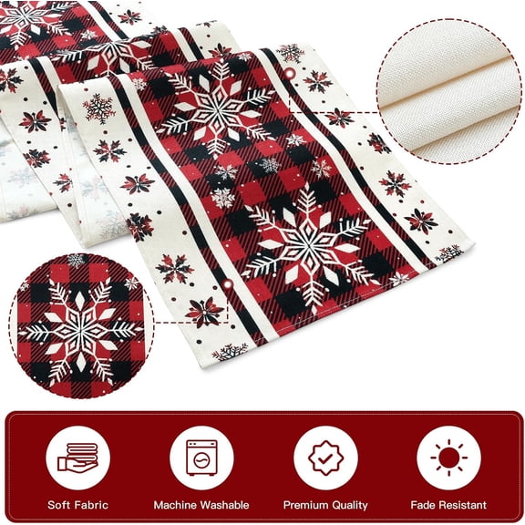 Buffalo Plaid Snowflakes Christmas Table Runner, Seasonal Winter Kitchen Dining Table Decoration for Home Party Decor