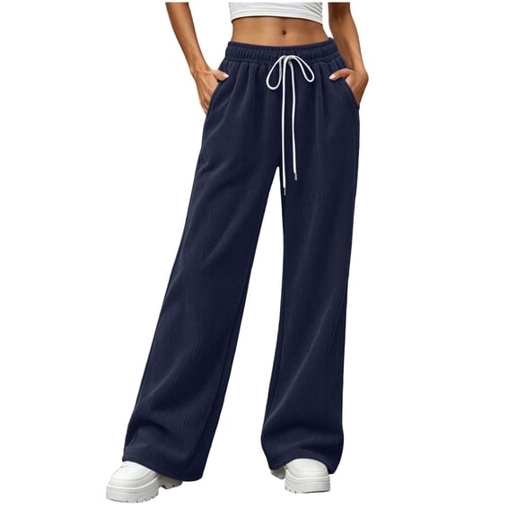 ZHYou No Boundarie Corduroy Sweatpants for Women Wide Leg Texture Drawstring Baggy High Waisted Pants with Pockets,Black,Size M