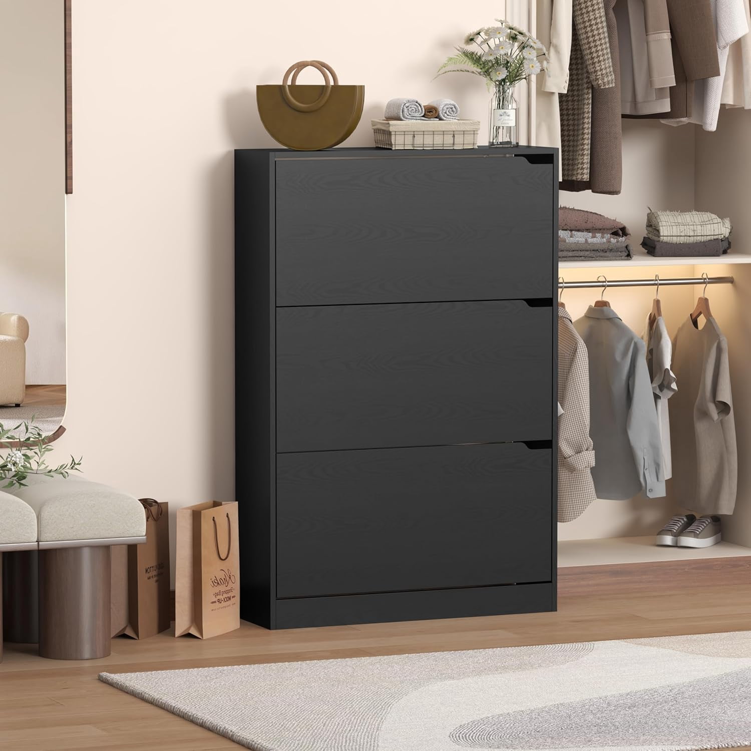 FANRAL Shoe Rack for Closet,Black Shoe Storage Cabinets with Flip Drawer,Slim Entryway Shoe Organizer with Flip Doors for Slippers Sneakers and High Heels