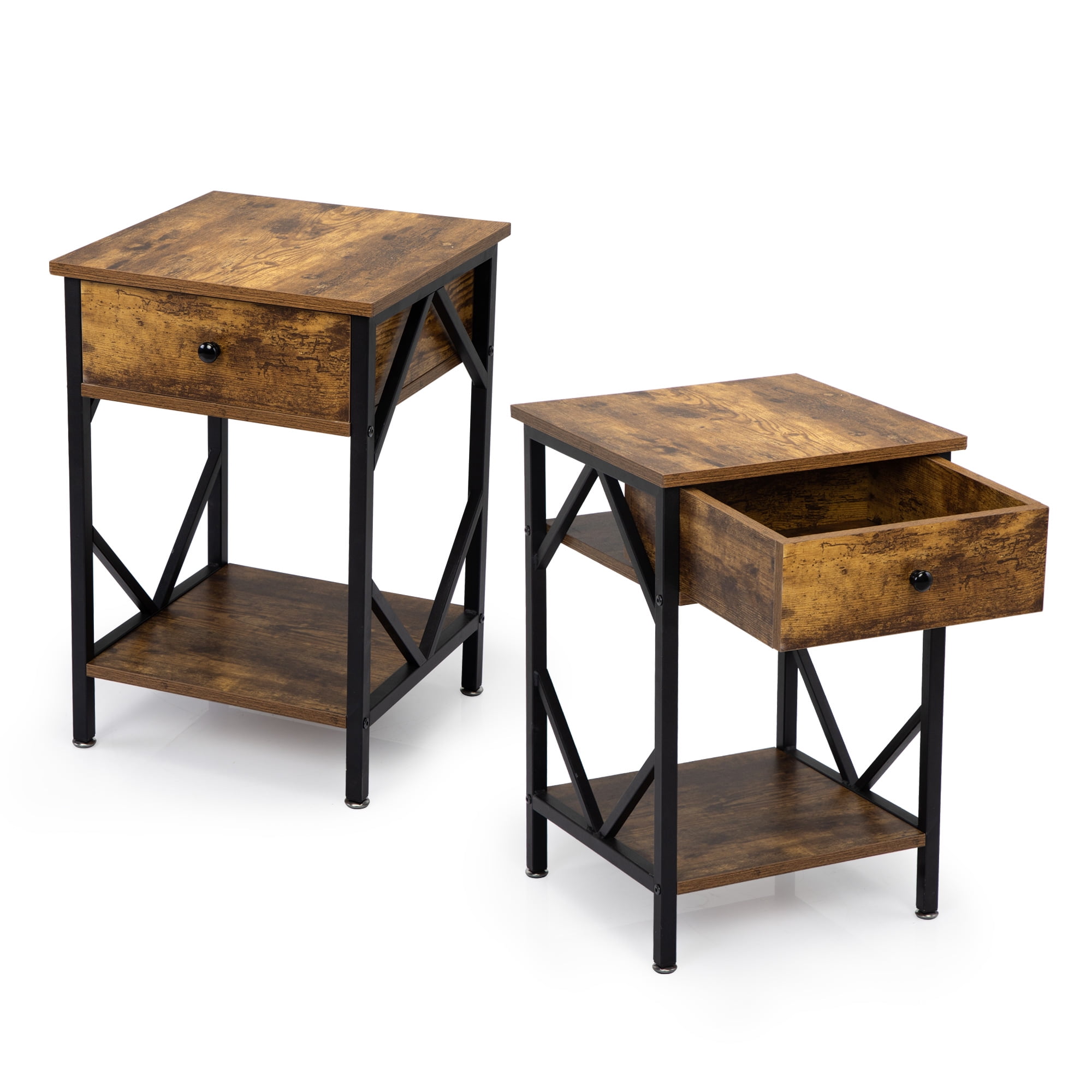 Kadyn Set of 2 Nightstand for Closet, Industrial End Table with Drawer for Sofa Couch, Storage Shelf and Metal Frame for Living Room, Rustic Brown Kadyn Set of 2 Nightstand for Closet, Industrial End Table with Drawer for Sofa Couch, Storage Shelf and Metal Frame for Living Room, Rustic Brown