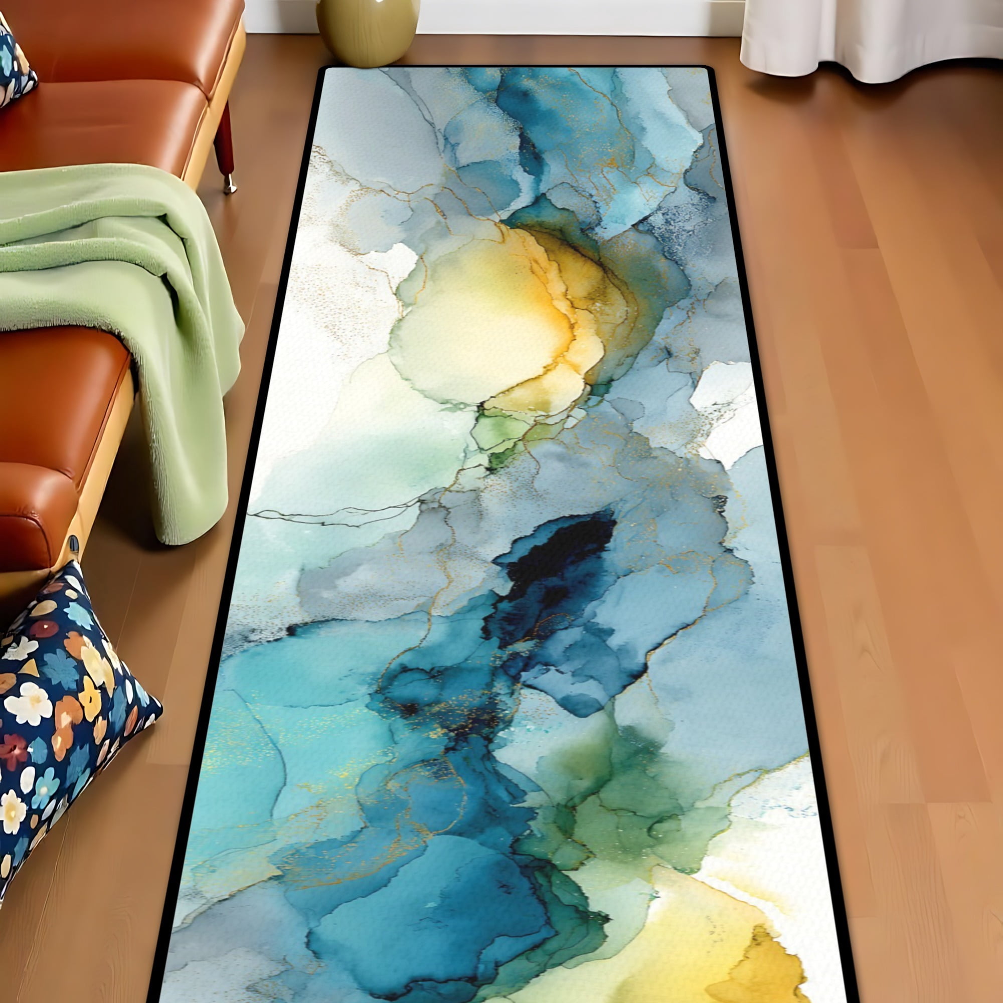 Teal Yellow Gold Ink Wash Hallway Runner Rug, 60x18 Inches Abstract Watercolor Long Floor Mat, Non-Slip Washable Modern Art Rug for Entryway Kitchen