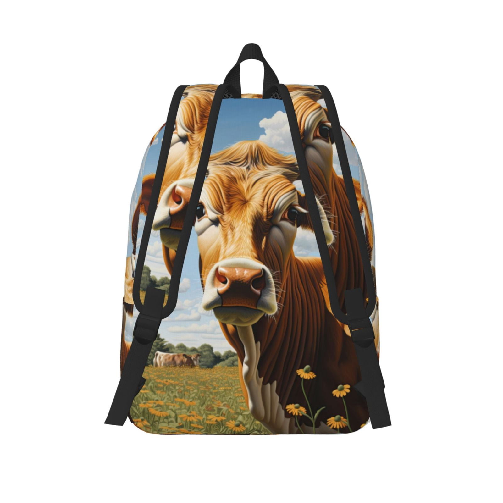 Picia Daisy Flower Field Cow Printed Canvas Daypack - Stylish and Durable Vintage Compact Backpack - Class, Work, Travel, or Laptop Bookbag,Organized Compartments-Medium