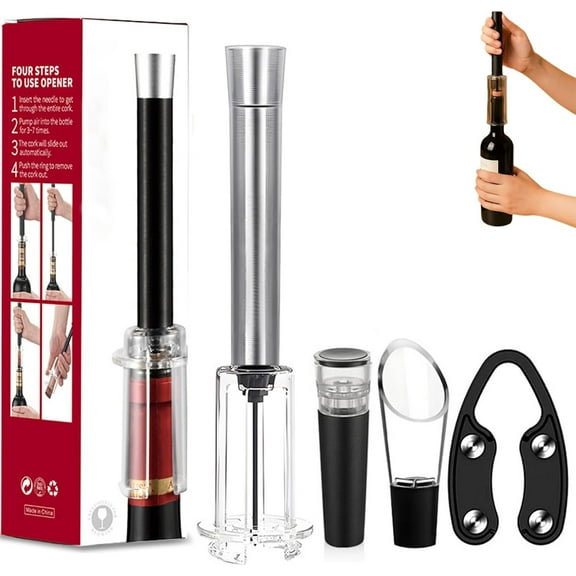 Wino on the Go Holiday Gift Set, 4-in-1 Wine Opening Set with Air Pressure Pump – Easy Cork Remover Corkscrew, Foil Cutter, Wine Pourer & Vacuum Stopper for Home Bar(Silver)