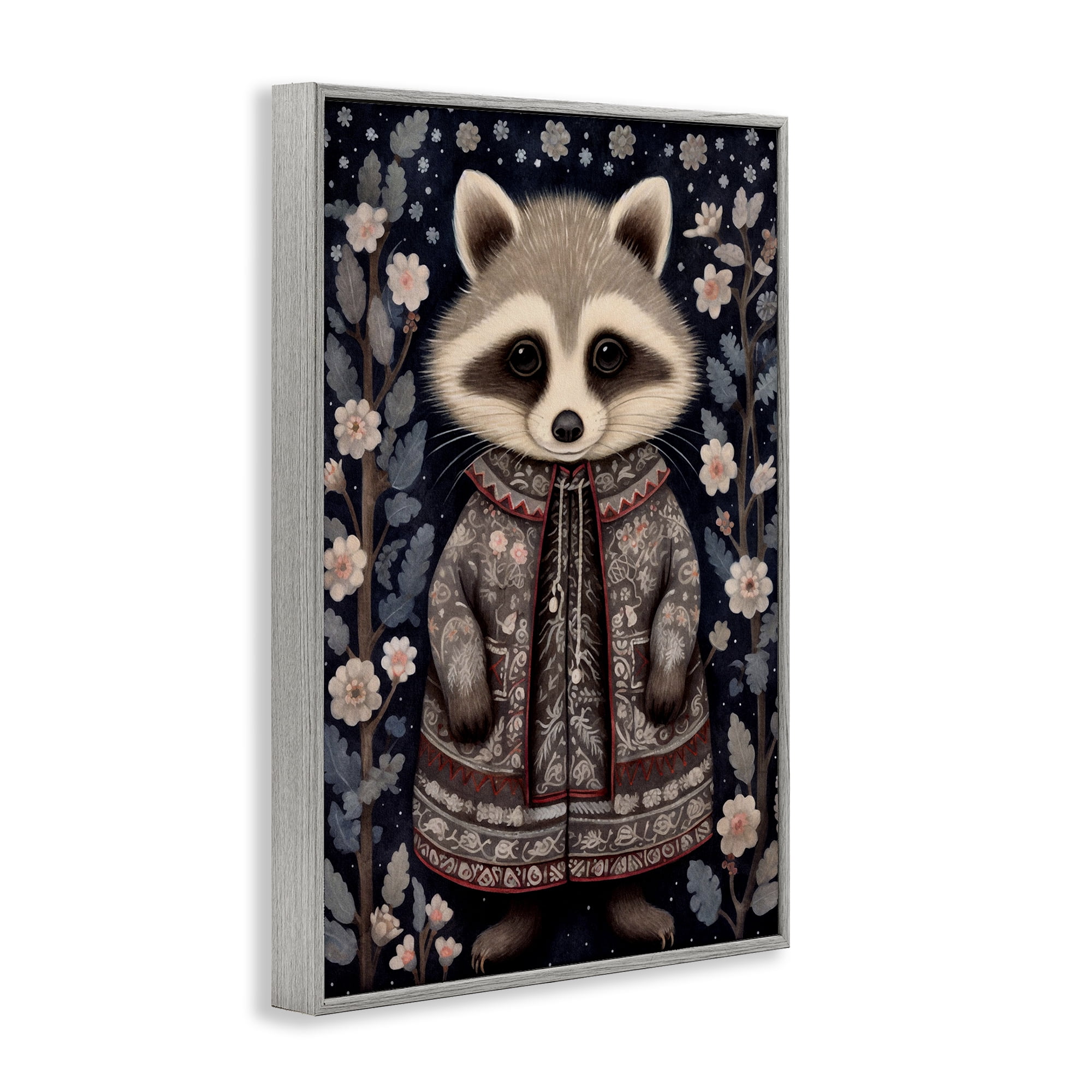 Stupell Industries Woodland Pattern Raccoon Animals & Insects Painting Gray Framed Art Print Wall Art, 20 x 30