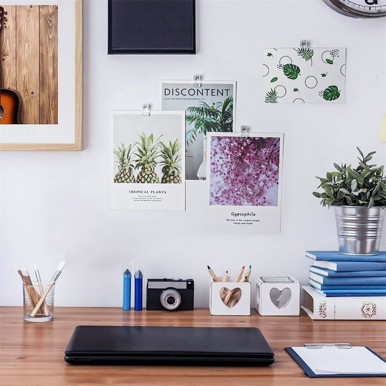 100 Clear Self-Adhesive Wall Clips - No Drill Photo Hangers For Posters & Pictures | Sticky Spring Clips Home Office