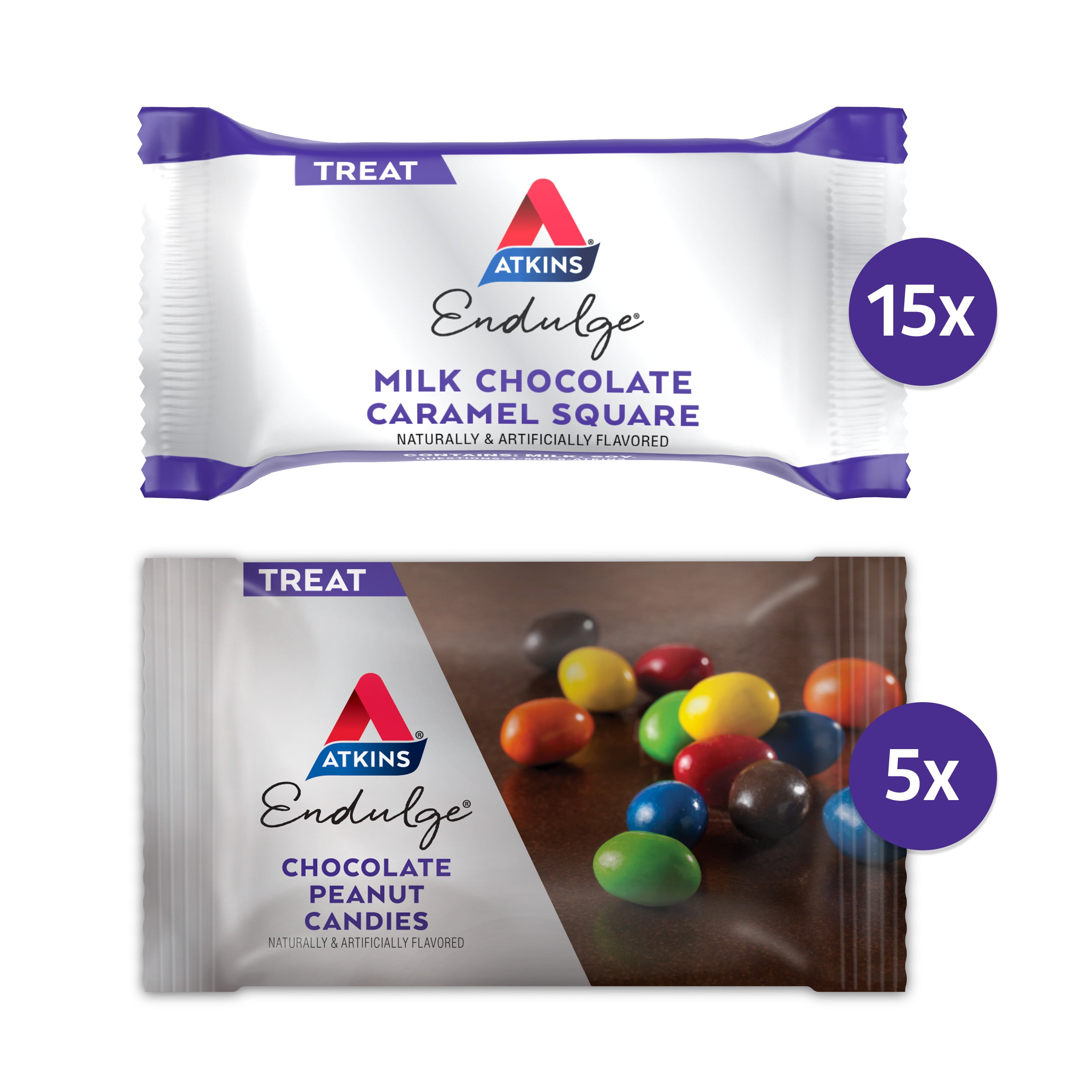 Atkins Endulge Assorted Variety Pk, Peanut Candies & Milk Chocolate Caramel Squares, 20 Ct