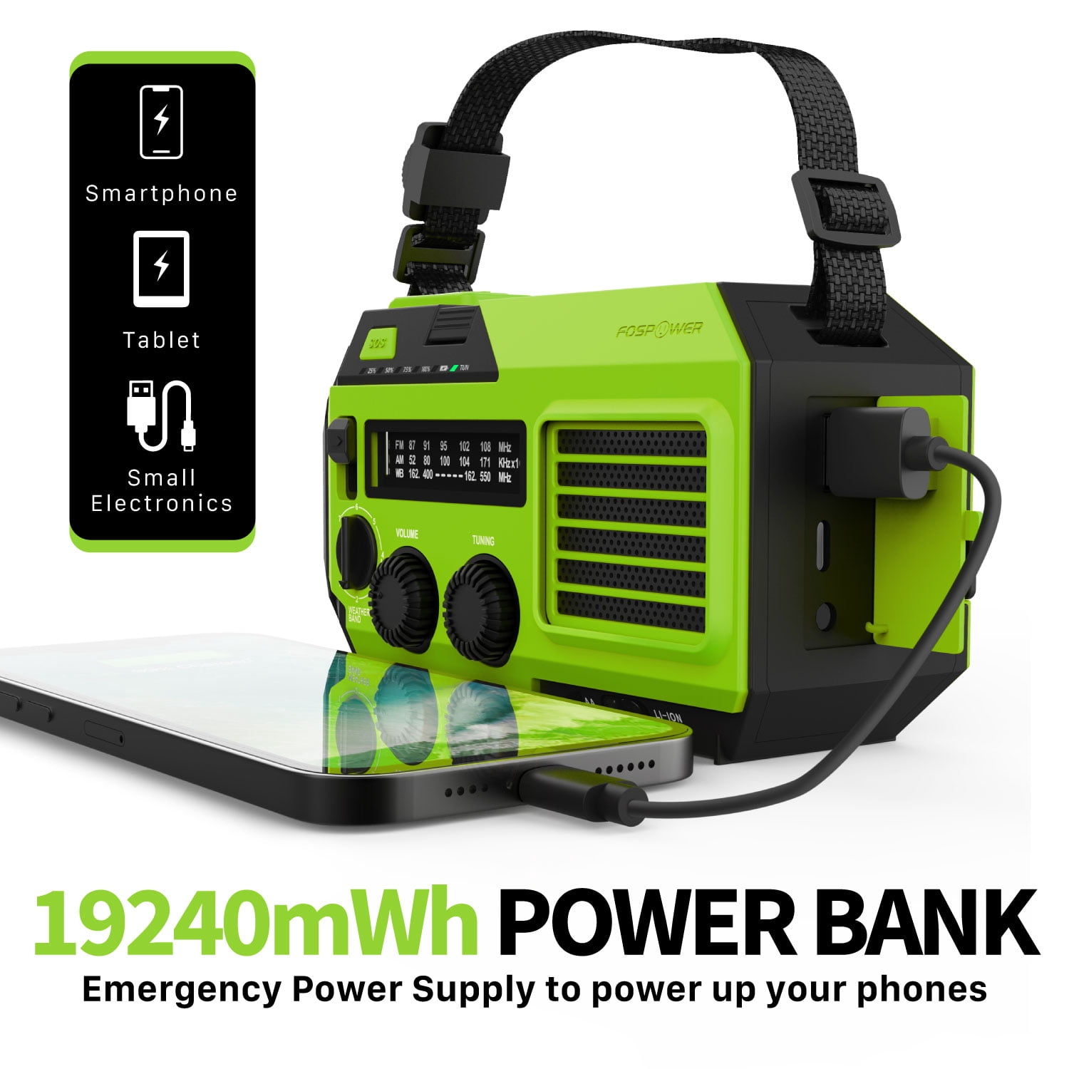 FosPower 5200mAh Emergency Radio (Model A6) NOAA Weather Alert Radio & Power Bank with IPX3 Rating, Solar Charging, Hand Crank, SOS, AM/FM/WB & LED Flashlight for Emergency Kit, Power Outages - Green