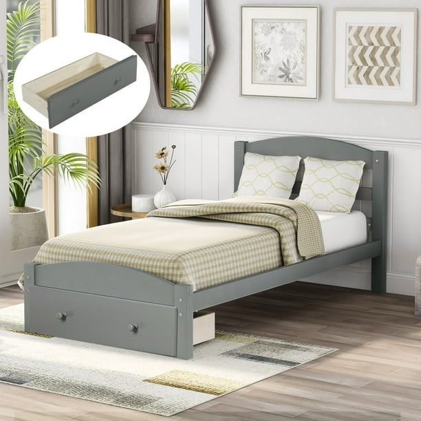 Platform Twin Bed Frame With Storage Drawer And Wood Slat Support No Box Spring Needed Gray Size 27, Twin Bed Box Frame Dimensions