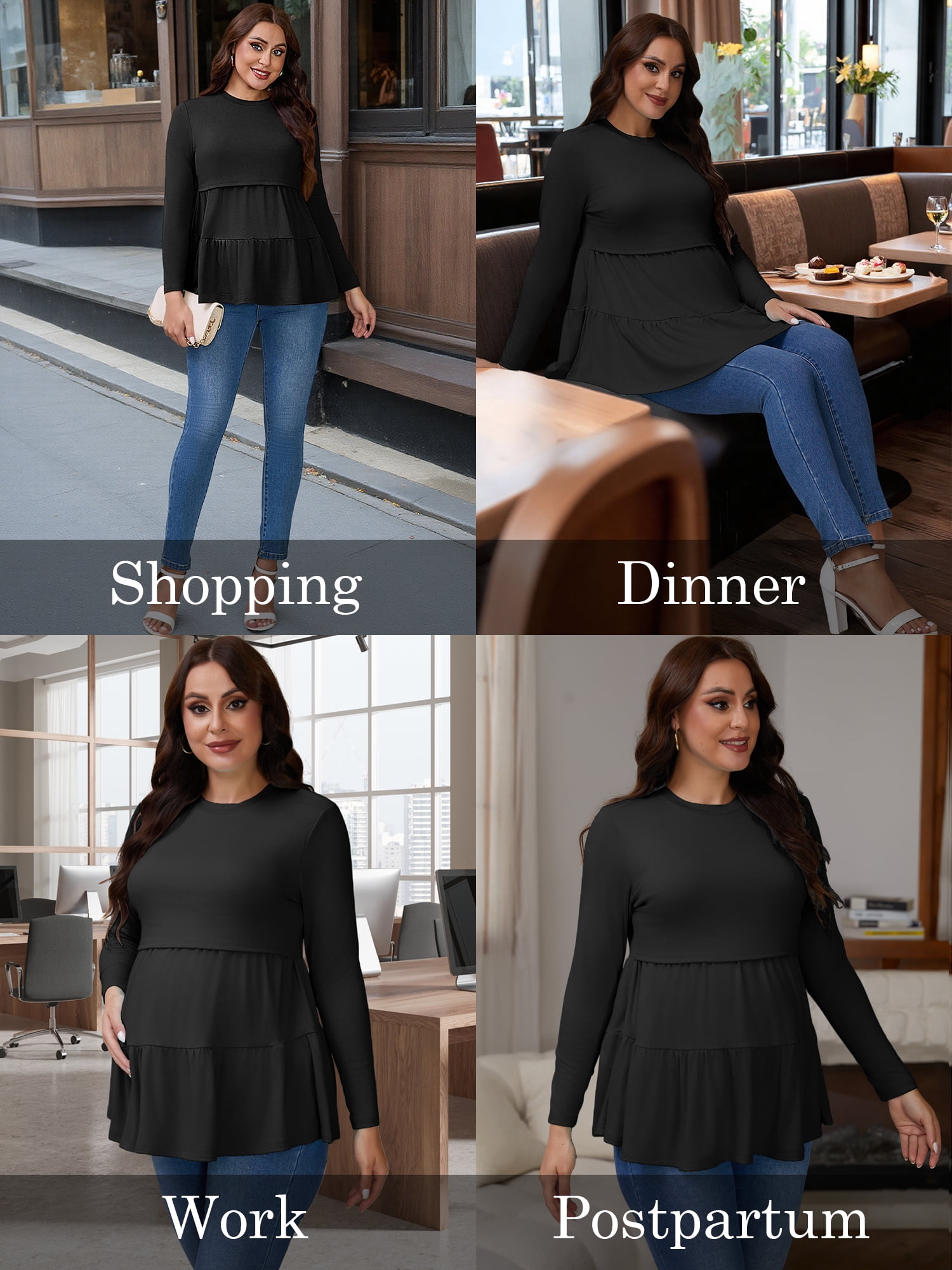 DARING DIVA Women's Nursing Breastfeeding Long Sleeve Tiered Pumping T-Shirts 2XL Black