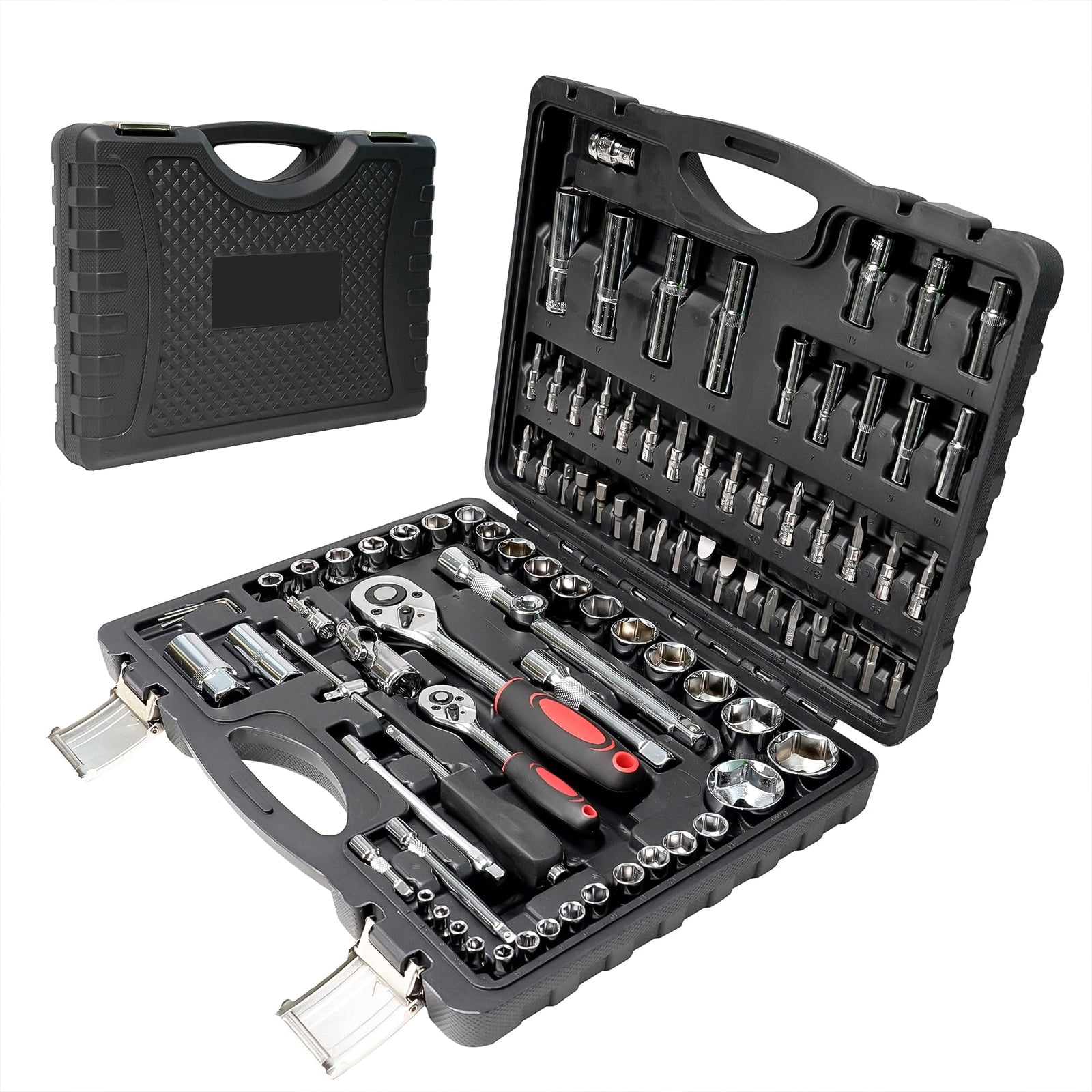 108 Pcs Mechanic Socket Tool Kit，CR-V Steel Metric and Standard 1/4" & 1/2" Ratchet set, Universal Joint, Extension Bars,Adapter,Ratchet Wrench,Socket Set for Car