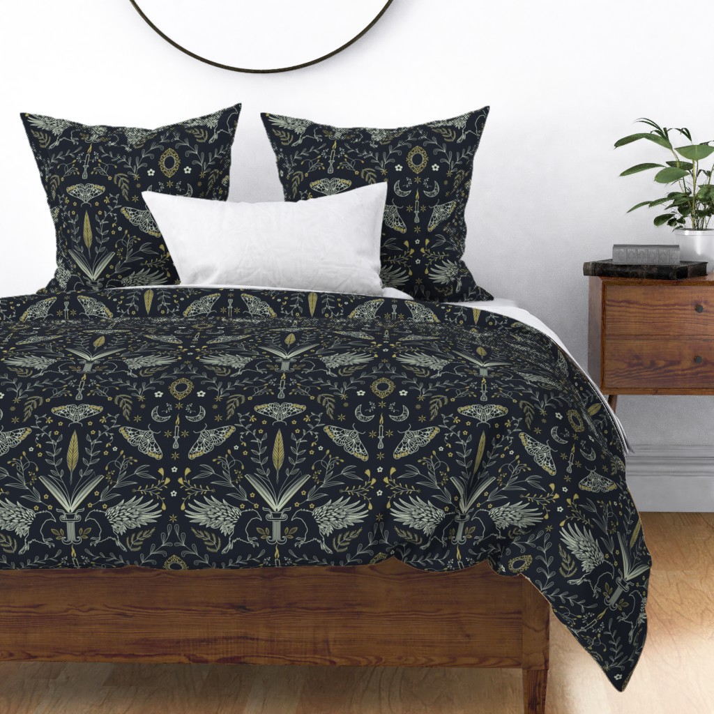 Cotton Sateen Duvet Cover, Twin Dark Academia Aesthetic Damask Blue