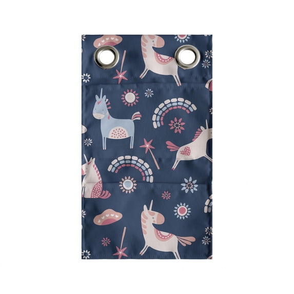 Animal Hanging Pocket Organizer, Unicorn Party and Rainbows Interpretation, Printed Polyester Storage Bag with Pockets, 9" x 16", Night Blue Multicolor