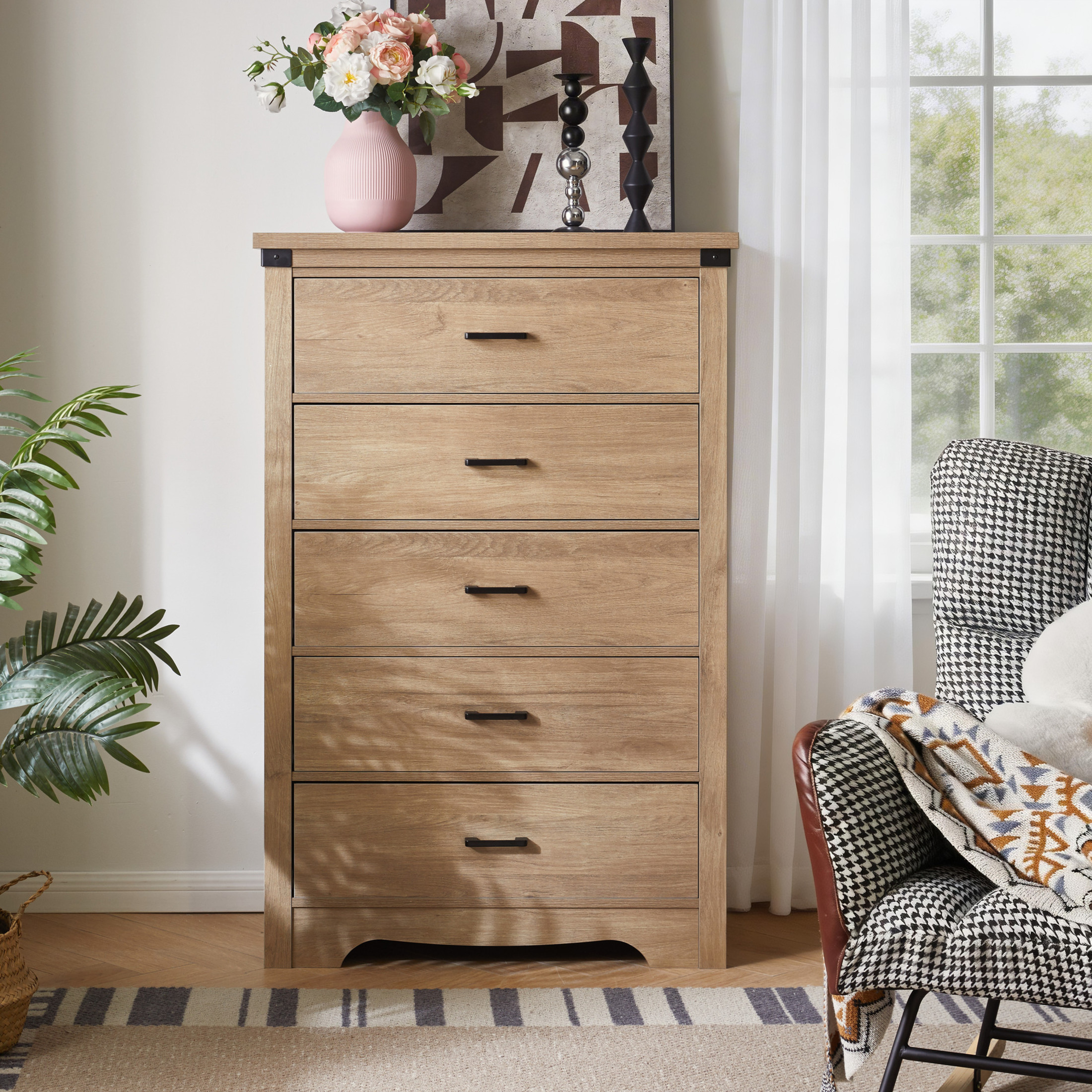 Noble House Farmhouse 5-Drawer Storage Dresser, Wood Chest for Bedroom, Living Room or Hallway, Oak