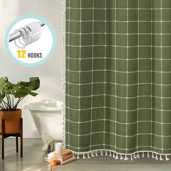 Zrodlmo Boho Farmhouse Shower Curtain with Hooks Rustic Cottagecore Fabric Bathroom Curtain with Tassels, 72" x 72", Green