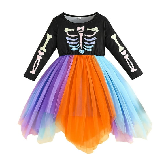Gaexia Girl Fall Dress,Girls Dresses Halloween Tutu Dress Long Sleeve Cartoon Print Party Gown For Toddler Kids Casual School Beach Outfit,Black,5-6 Years
