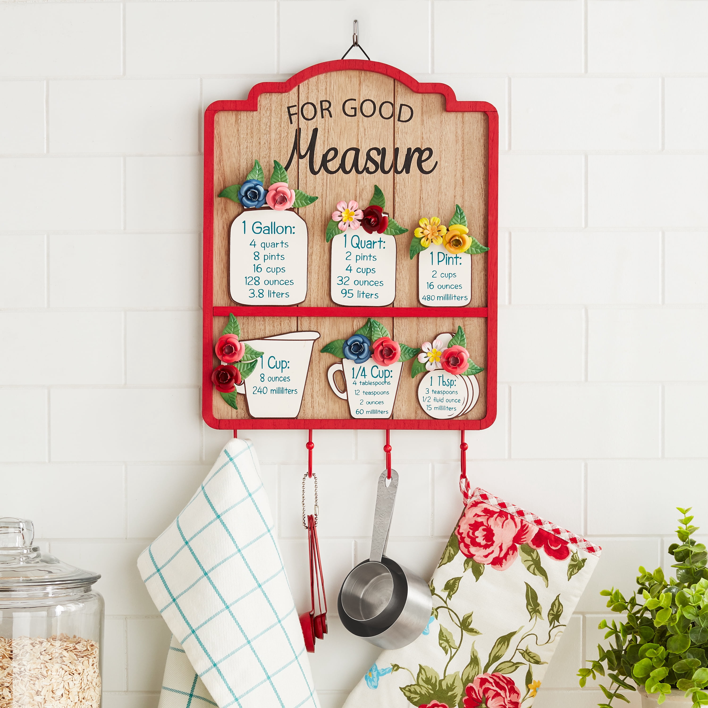 The Pioneer Woman Spring Painted MDF for Good Measure Decorative Sign with Hooks, Brown, 11.375" x 16.5"