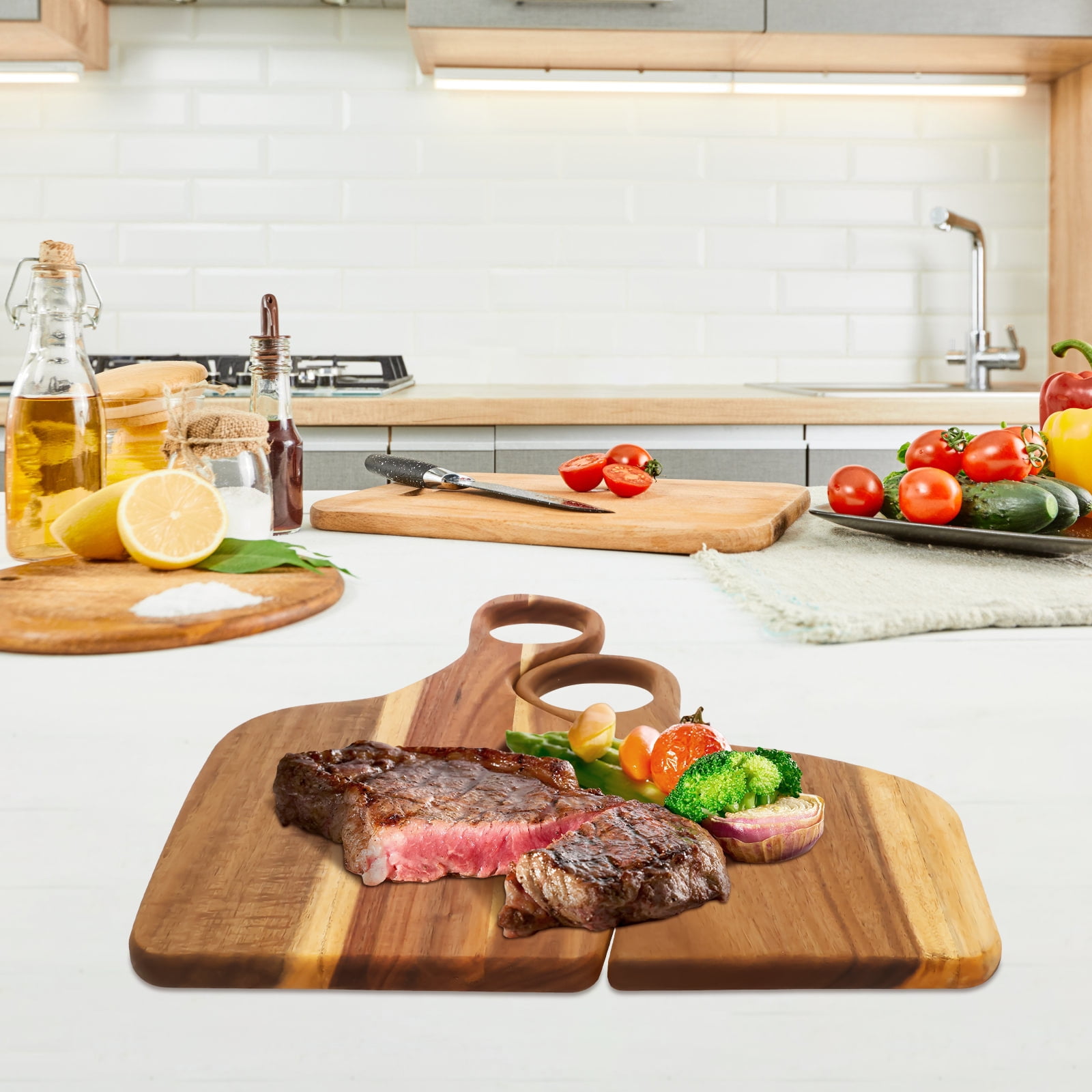 Grusce 2PCS Acacia Wood Couple Cutting Board, Smooth Edge Couple Charcuterie Board with Handle, Large Thick Wooden Cutting Boards, Kitchen Cutting Boards for Meat, Bread, Fruits Serving Board