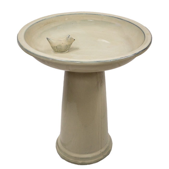 Esschert Design USA FB423 Ceramic Bird Bath on Pedestal with Bird, White