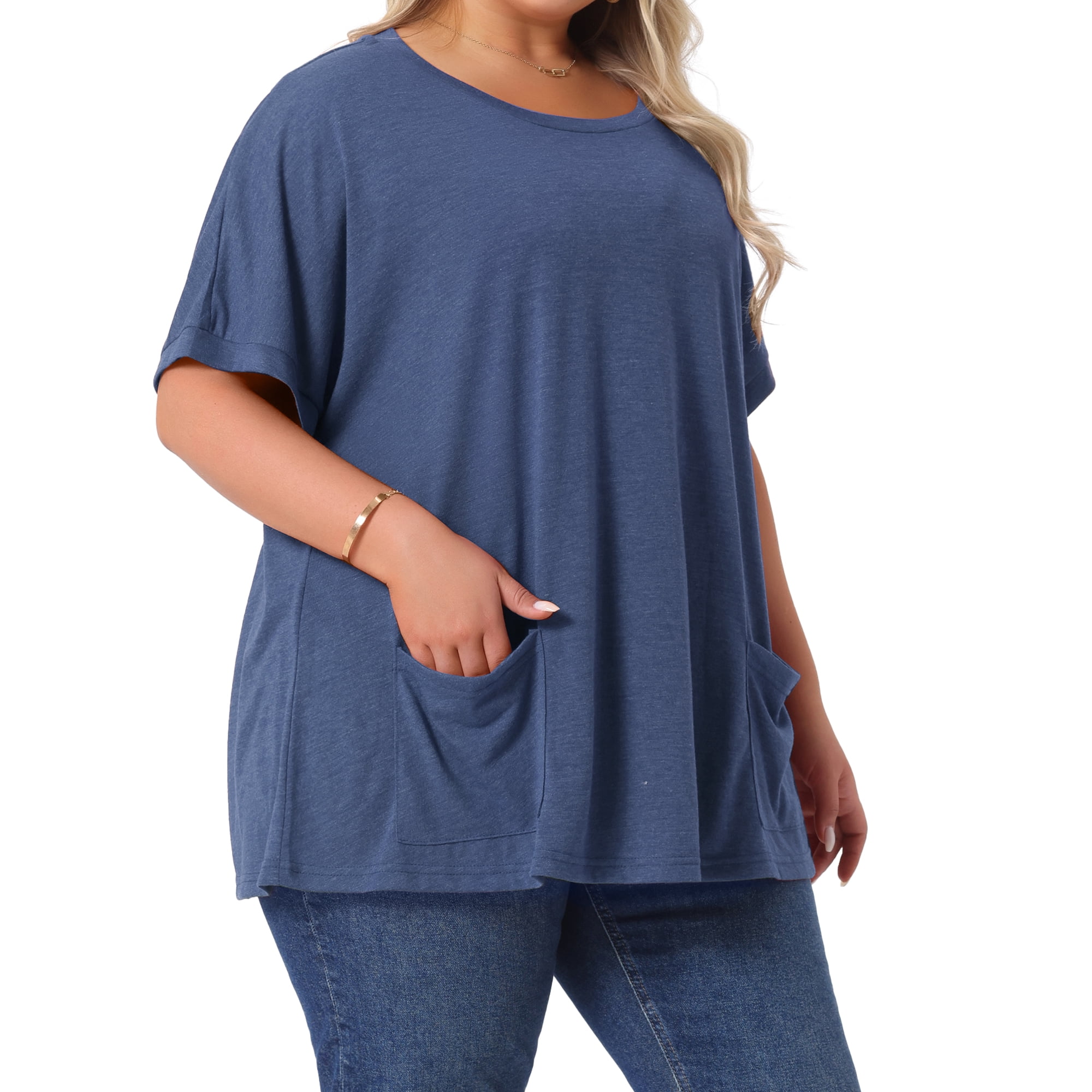 DARING DIVA Women's Plus Crew Neck Loose Fit T Shirt with Pocket Casual 3X Navy Blue