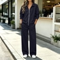 thumbnail image 2 of Women 2 Piece Outfit Set Solid Color Zip up Collared Long Sleeve Top Elastic Waist Wide Leg Pants Loose Casual Tracksuit Loungewear Set with Pockets Dark Blue, 2 of 8