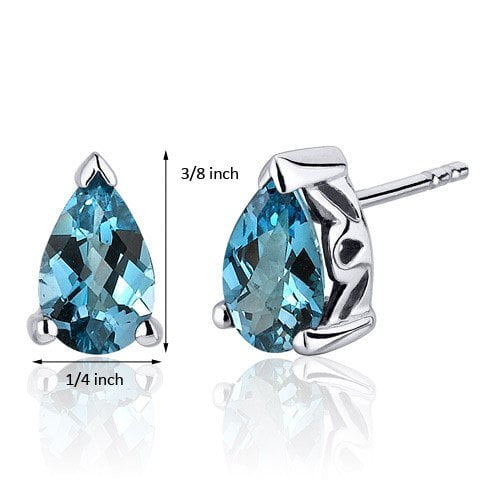 Peora London Blue Topaz Stud Earrings 925 Sterling Silver, Solitaire Scroll Gallery, 1.50 Carats Total, Teardrop Pear Shape 8x5mm, Friction Backs , December Birthstone Earrings , Blue Studs