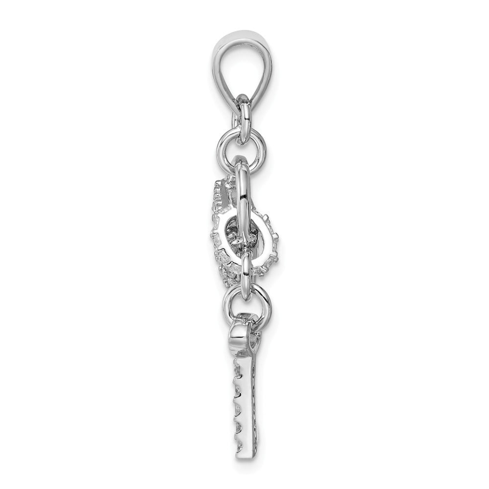 Sterling Silver Anti-Tarnish Treated CZ Lock and Key Charm on an Adjustable Chain Necklace 