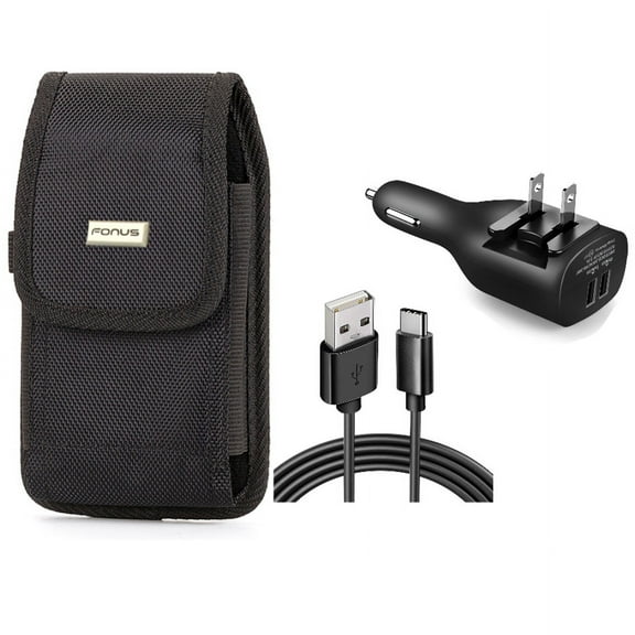 Case Belt Clip & 2-in-1 Car Home Charger for iPhone 15 Pro - Rugged Holster Canvas Cover and 6ft Long USB-C Cable TYPE-C Cord Travel Power Adapter Charging Wire N9O for iPhone 15 Pro (6.1")