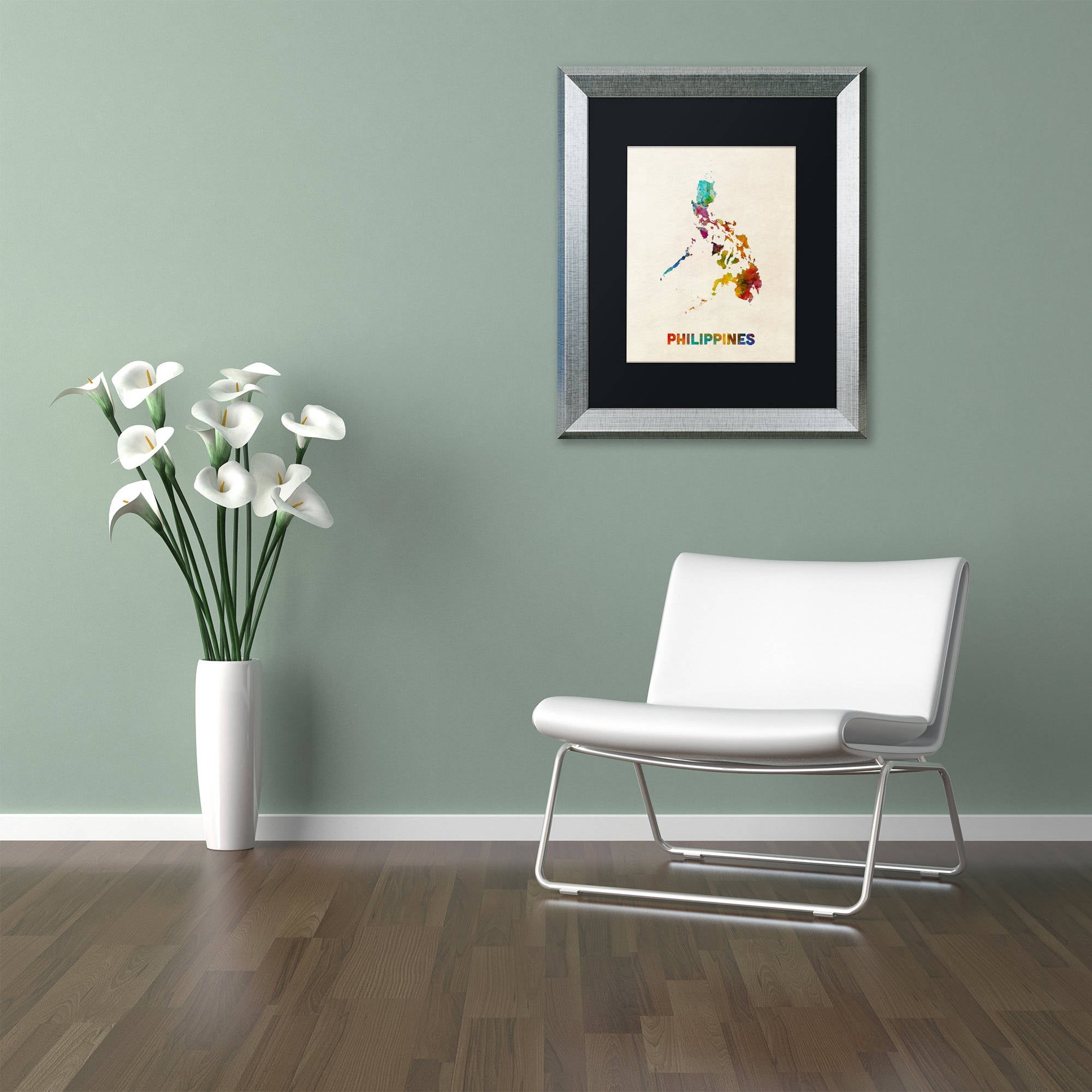Trademark Fine Art "Philippines Watercolor Map" Canvas Art by Michael Tompsett, Black Matte, Silver Frame