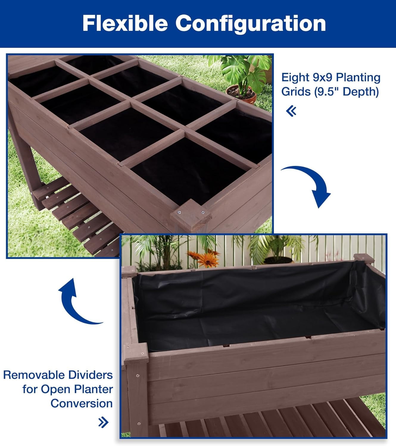 MEDEHOO Raised Garden Bed Outdoor with Wheels, 52.7" Elevated Wooden Garden Bed with 8 Planter Boxes, Removable Dividers, Storage Shelf, Standing Mobile Planter with Non-Woven Liner