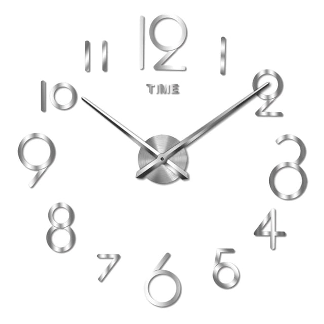 Reloj de pared 3D DIY, moderno, sin marco, con números adhesivos decorativos plateados Plata