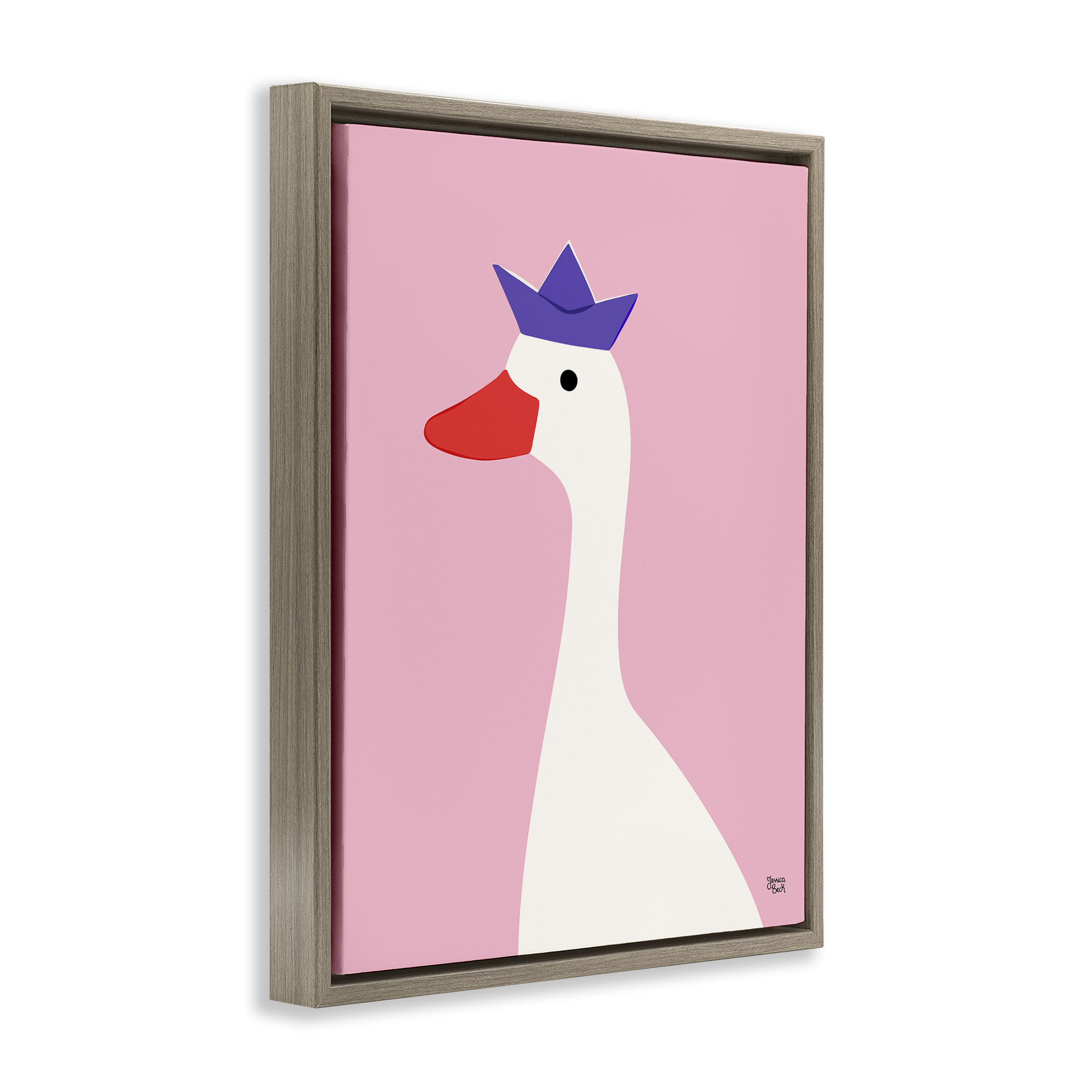 Stupell Industries Crowned Goose on Pink Animals Painting Brown Floater Framed Canvas Art Print Wall Art, 17 x 21