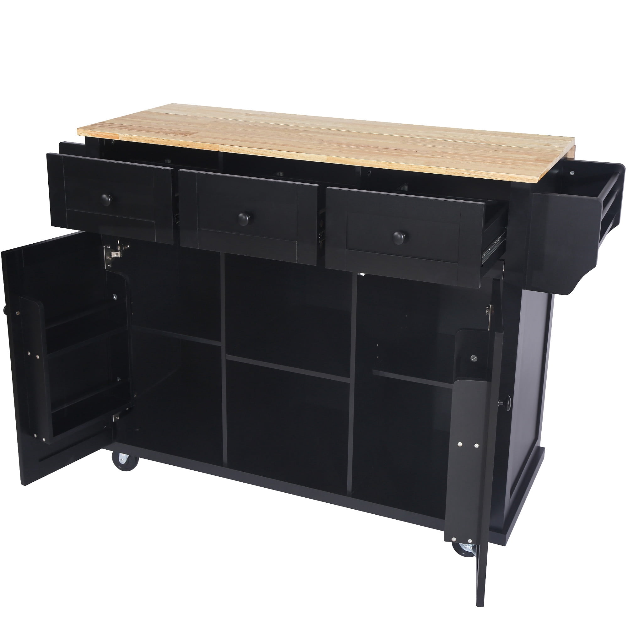 DEALTOPS Has Wheels Kitchen Island Cart with Storage Cabinets, Rubber Wood Black, 53.10 in