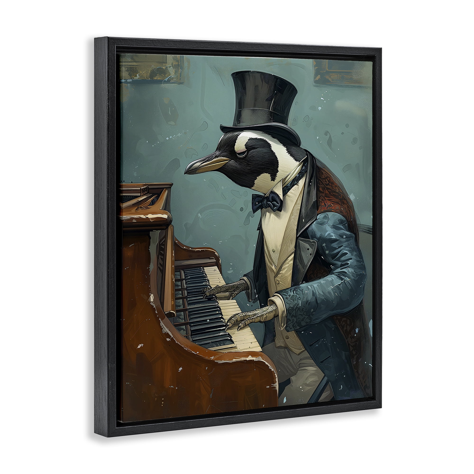 Stupell Industries Piano Playing Penguin Animals & Insects Painting Black Floater Framed Canvas Art Print Wall Art, 17 x 21