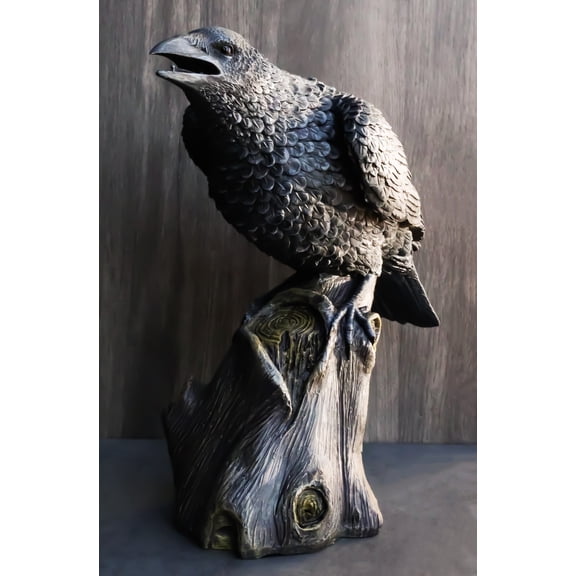 Ebros Large 14" Long Gothic Raven Crow Perching On Tree Stump Statue Figurine