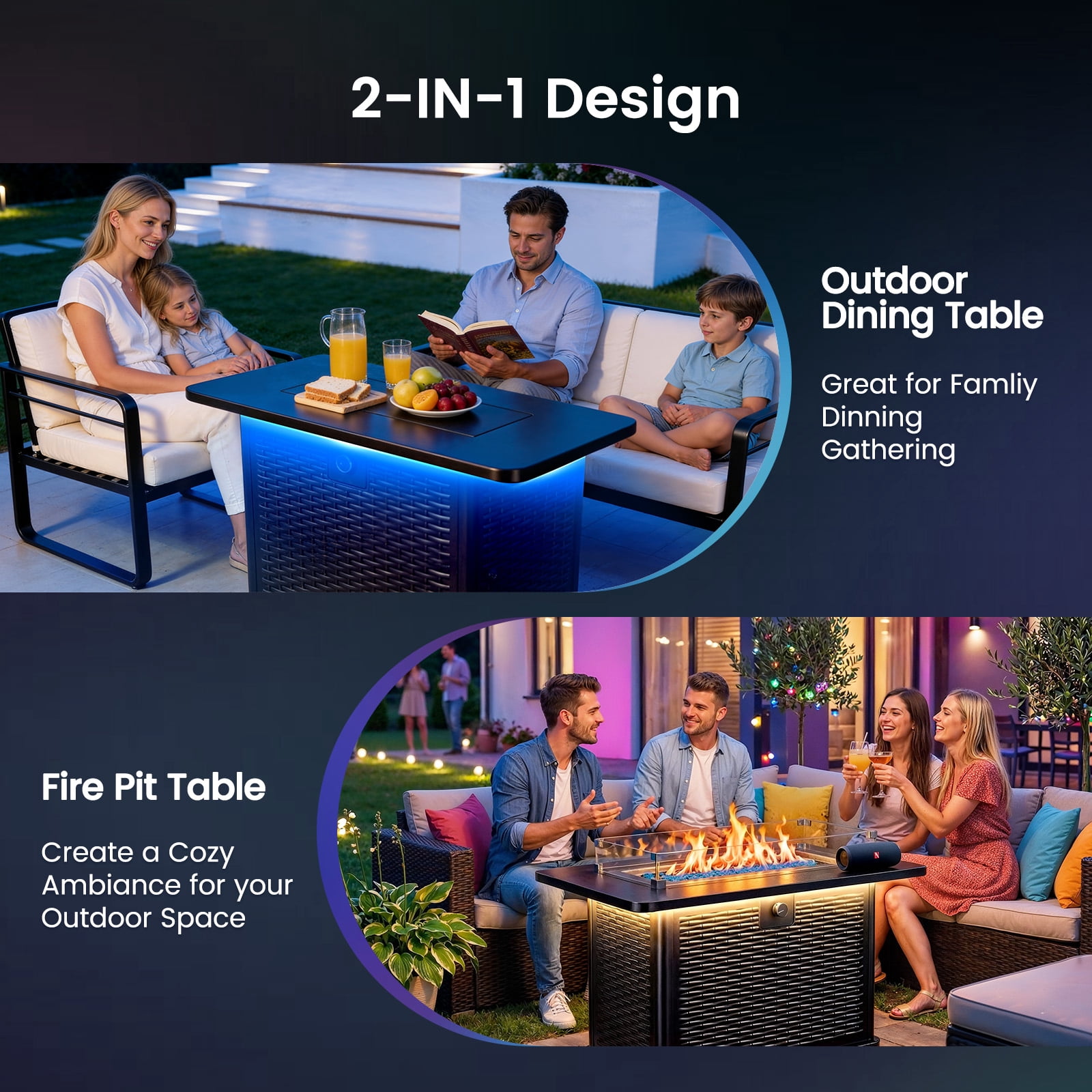 Philergo 43" Propane Fire Pits with RGB Strip, 60,000 BTU Rectangular Gas Fire Pit Table with Glass Beads, Wind Guard and Waterproof Cover for Outside, Patio, APP or Remote Control