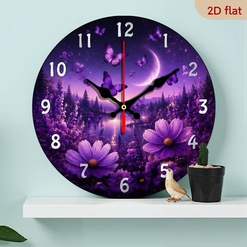 10 Inch Hanging Clock, Silent and No Ticking, Purple Butterfly Creative Hanging Clock, Purple Floral Clock, Creative Rural Retro Decoration for Bathroom, Kitchen, Living Room, Battery Powe