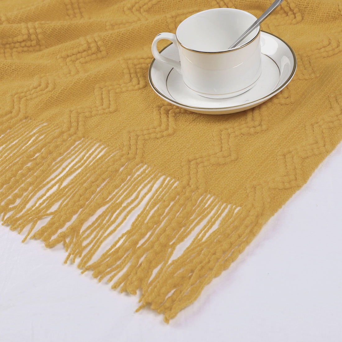 Wavy Pattern Decorative Knit Throw Blanket with Tassels, 50" x 60", Old Gold