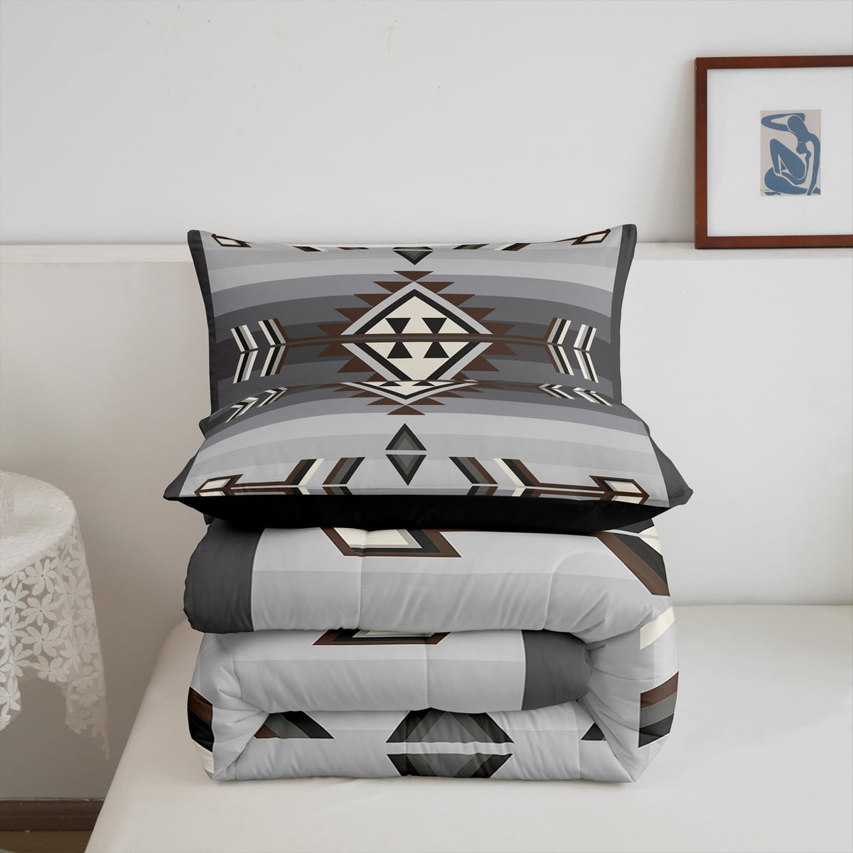 Rustic Western Queen Comforter Set American Southwestern Bedding Set For Boys Men Bohemian Aztec Quilt Bedding Sets Exotic Tribal Bed Set Brown Grey Farmhouse Decor 3 Pcs