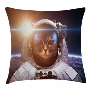 Space Cat Throw Pillow Cushion Cover, Brave Astronaut Kitty in Space Suit Above World with Lunar Eclipse Backdrop, Decorative Square Accent Pillow Case, 18 X 18 Inches, White and Blue, by Ambesonne