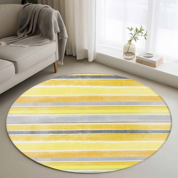 Yellow Nordic Style Stripes Round Area Rug 4 FT, Non Slip Indoor Outdoor Rug, Yellow Gray Texture Washable Soft Circular Carpet Non-Shedding Floor Mat for Coffee Table Nursery Foyer Balcony